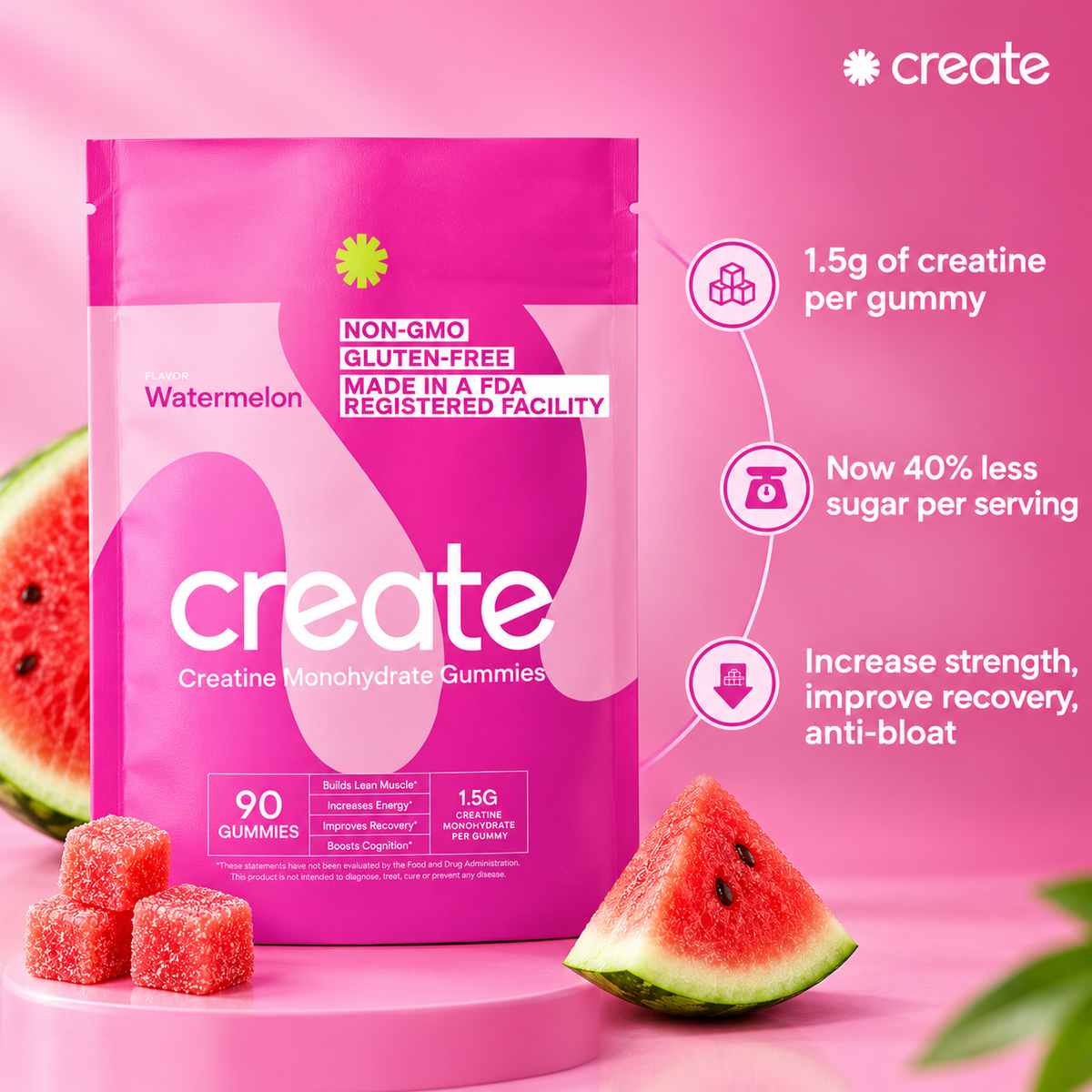 Create Creatine Monohydrate Gummies – Watermelon, 1.5g per Gummy, 90 Count, Non-GMO
