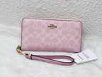 COACH CW778 Long Zip-Around Wallet – Signature Canvas & Leather, Powder Pink