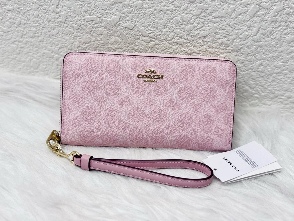 COACH CW778 Long Zip-Around Wallet – Signature Canvas & Leather, Powder Pink