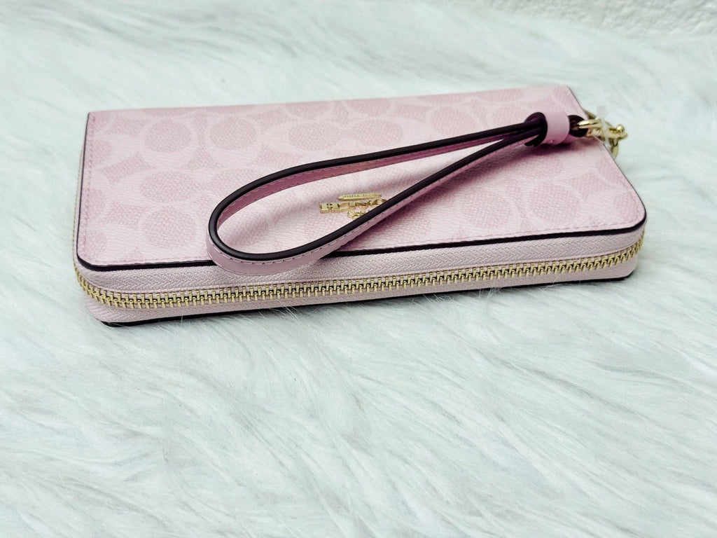 COACH CW778 Long Zip-Around Wallet – Signature Canvas & Leather, Powder Pink