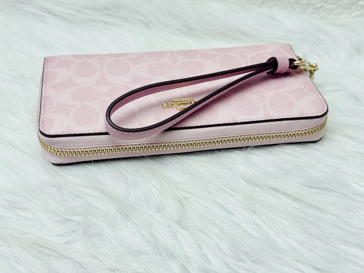 COACH CW778 Long Zip-Around Wallet – Signature Canvas & Leather, Powder Pink